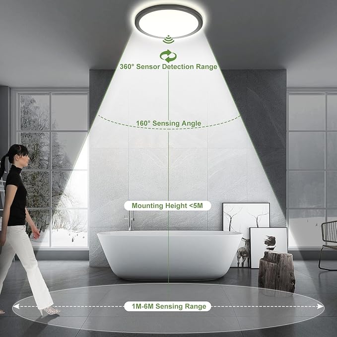 LEZOE 24W Motion Sensor LED Ceiling Light dimmable, 12Inch 2400lm 2700K/4000K/6500K IP54 Flush Mount Lighting Fixture with Remote, Radar Ceiling Lamp for Hallway Laundry Porch Stair Closet Wired