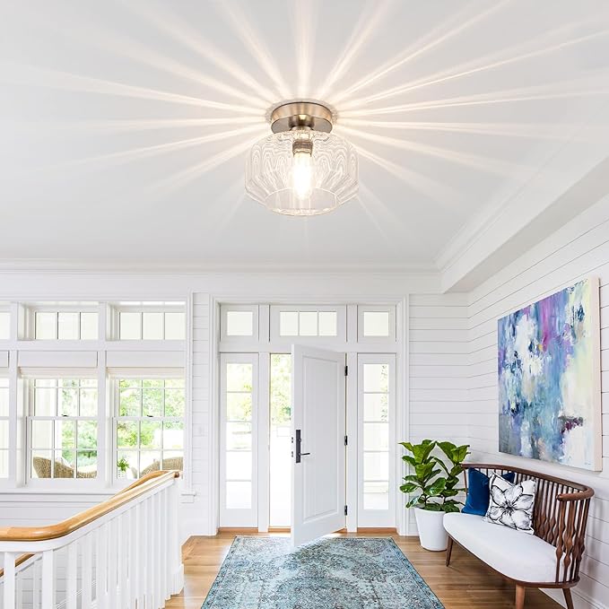 Tbaoinal Semi Flush Mount Ceiling Light with Diamond Glass Shade, 36-Faceted Panels Create Starburst Effect, 1200LM LED Bulb Included Brushed Nickel Ideal for Hallway Entryway Kitchen Bathroom