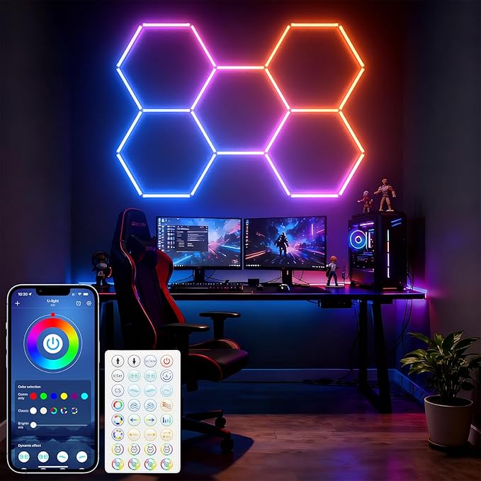 ALLYES Hexagon Garage Lights - RGB Hexagon Wall/Ceiling Lights with Music Sync Dimmable & Speed Adjustable Modes, App & Remote Control, Multi-Scene Honeycomb Light for Gaming Room, Bar, Party, Gym