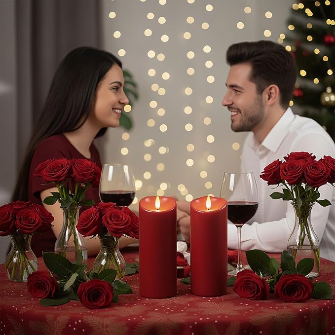 Raycare 6"x3" Outdoor Waterproof Flameless Candles with Remote and Timer, Battery Operated LED Electric Fake Pillar Candle for Valentine's Day, Home, Wedding Decor, Red, Set of 2