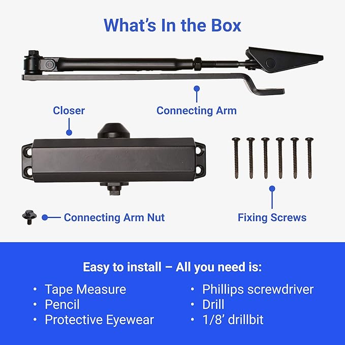 Lightweight Automatic Door Closer - Hydraulic Auto Door Closer No Slam - Grade 3 Slow Close Door Hinge - No Slam - Closing Hinge for Home Use - Easy to Open Arm - Self Closing Internal Doors (Black)