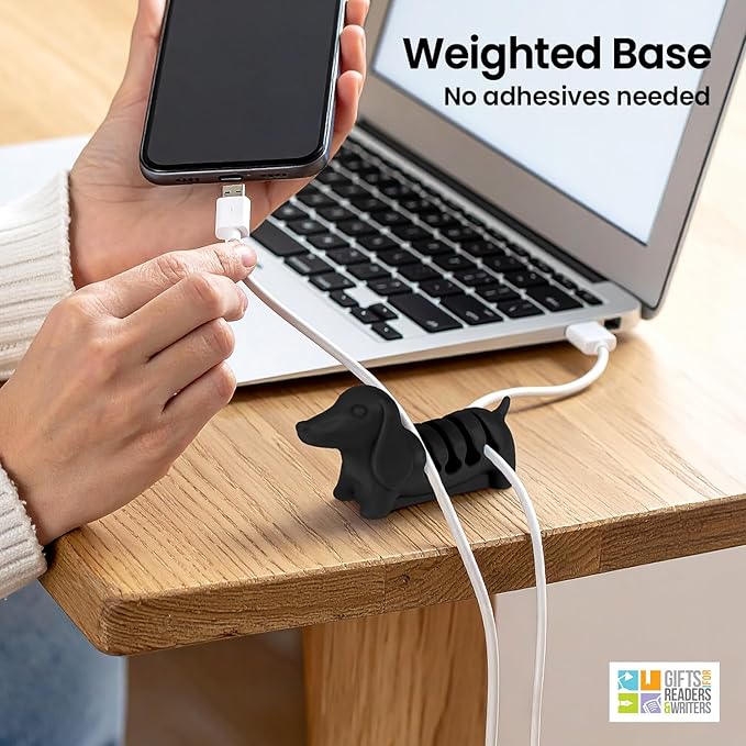 Gifts for Readers & Writers Cord Organizer, Office Desk Organizing & Cable Management Accessory, Kord Keeper Dog, Weighted Wire Holder to Organize Phone & Device Charger Cords, Black