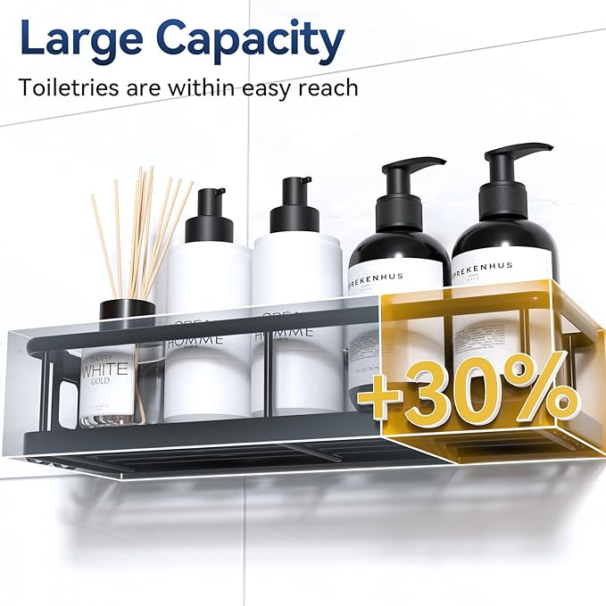 YASONIC Shower Caddy Adhesive, Rustproof Shower Shelves for Inside Shower, Large Capacity Bathroom Organizers and Storage, Shower Storage with Removable Hooks, No Drill Bathroom Accessories Black