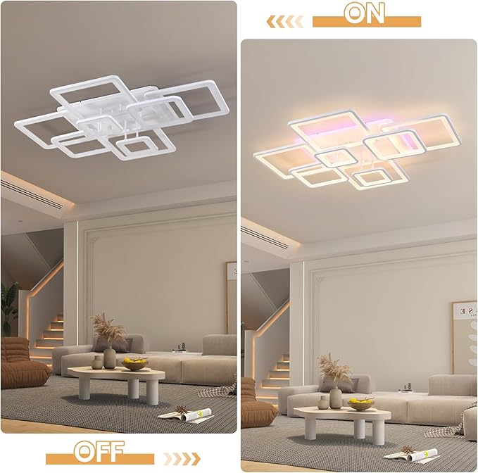 Modern LED Ceiling Light, 100W Dimmable LED Chandelier Black Flush Mount Ceiling Lights, Remote Control Acrylic Ring Ceiling Lamp Fixture for Living Room Dining Room Bedroom,White,3000-6000K