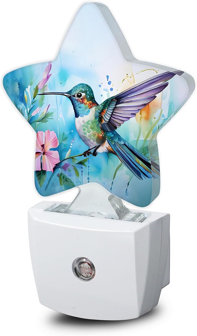 Watercolor Bird Dusk to Dawn Star Night Light,Hummingbird Flower Smart Sensor Nightlight for Bedroom Kitchen Hallway Stairs,Plug-in Energy Efficient Decor Desk Lamp Women Men Gifts