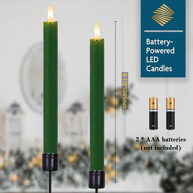Green Flameless Taper Candles 9.6" Christmas LED Candles Real Wax with Remote Timer, Battery Operated LED Candles Set with 3D Flickering Flame, Classic Flickering Candlesticks for Home, Party, 3 Pack