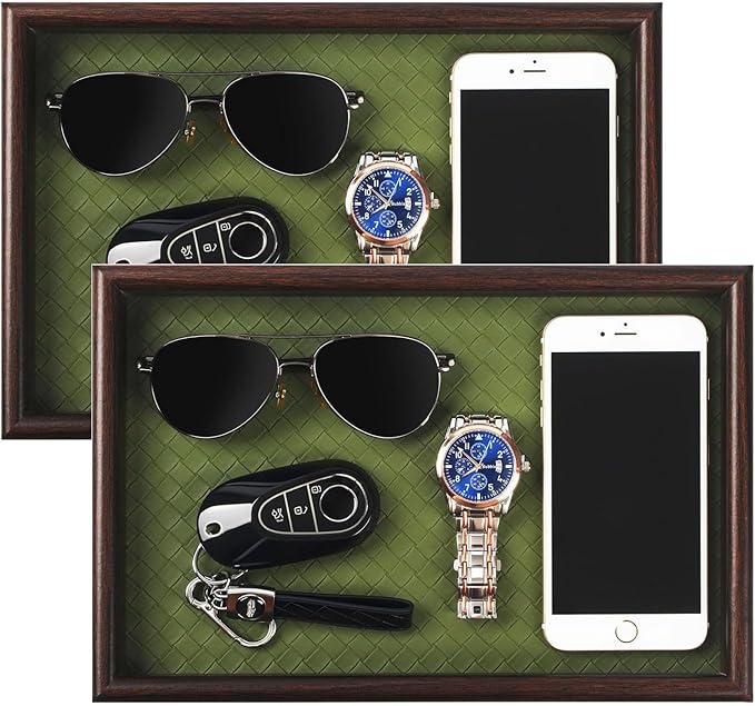 Zosenley Wooden Valet Tray with Leather Base - Nightstand Catchall Organizer for Cologne, Perfume, Keys, Wallet, Phone, Watch, Jewelry & Sunglasses (2Pcs Green)