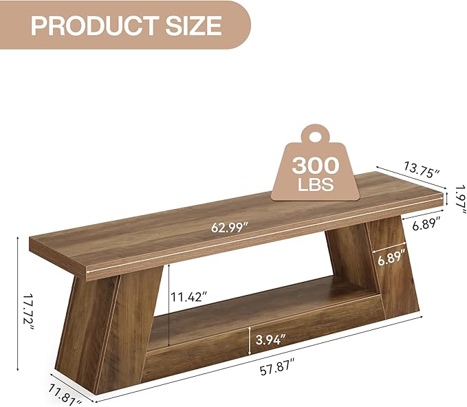 Tribesigns 63" Wooden Entryway Bench with Storage Shelf, Rustic Extra Long Bench, 2-Tier Narrow Hallway Seating Bench for Living Room, Bedroom, Kitchen(Brown)