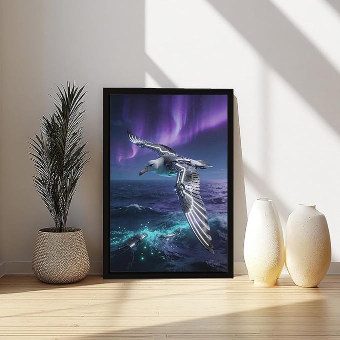 Framed Steampunk Mechanical Seagull Wall Art - Aurora Ocean Retro Poster for Bedroom Game Room Decor 16x24in