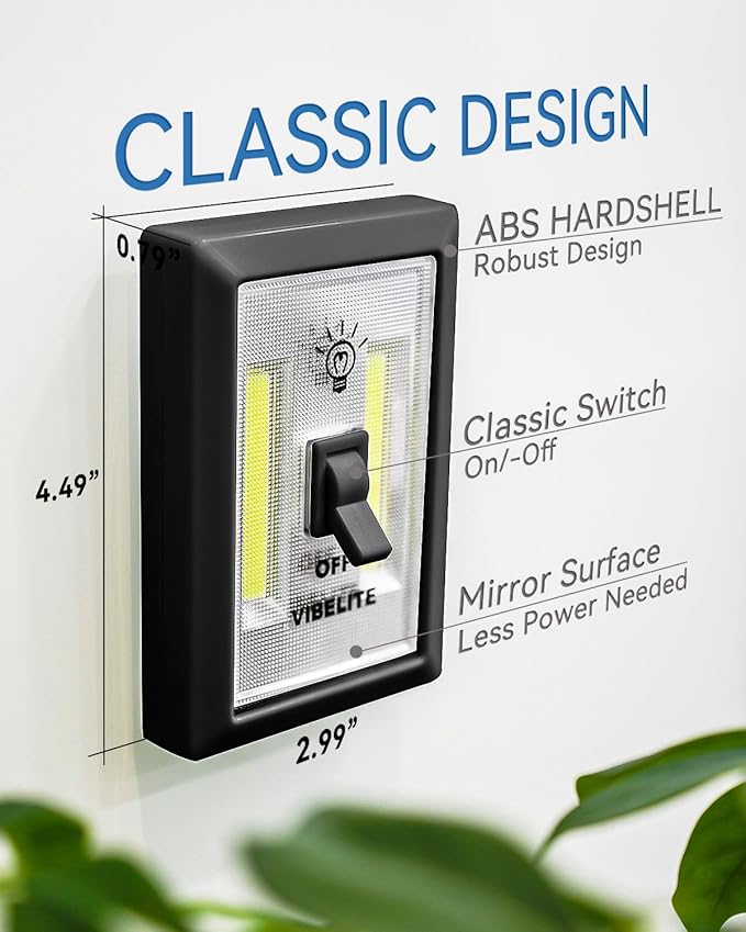 LED Night Light Switch, 12 Total Batteries Included, 200 Lumen Wireless COB LED Switch Light, Under Cabinet, Shelf, Closet, Garage, Kitchen, Stairwell and Emergency, Battery Operated, 4 Pack Black