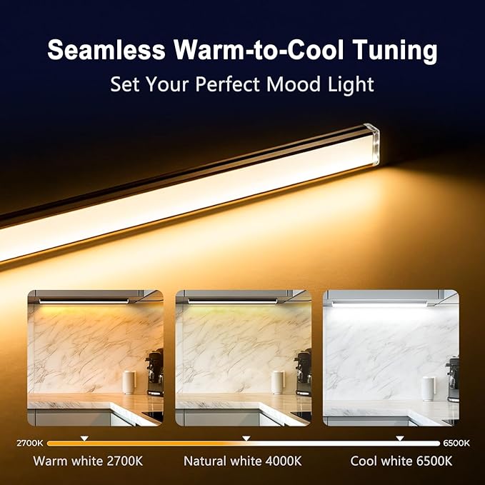 VST Under Cabinet Lighting 6 Pack, Touch Control LED Cabinet Light Bars, Dimmable & Adjustable Color Temperature 2700K-6500K, Ultra Thin Linkable Under Counter Lights for Kitchen, Closet & Display