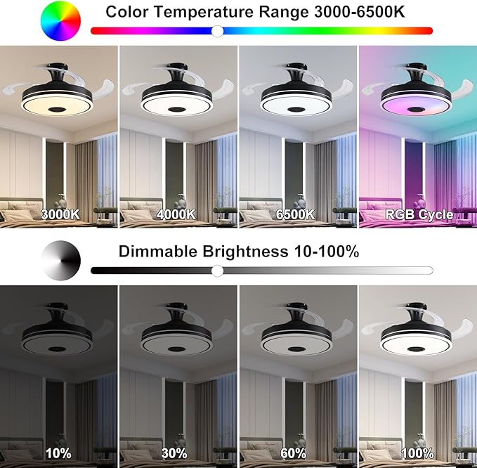 42'' Retractable Ceiling Fan with Lights, Smart Ceiling Fan Light with Bluetooth Speaker, App Control for Dimming & RGB Color Change Reversible Bedroom Living Room