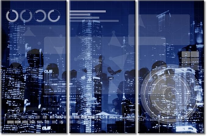 3 Pieces Technology Connection Online Networking Medias Concept Pictures Wall Decor for Bedroom Smart City Artwork Print on Canvas Giclee Wooden Framed Gallery-Wrapped Ready to Hang (60"Wx40"H)