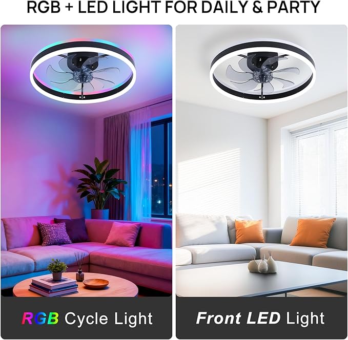 RGB Ceiling Fans with Lights, 20" Fandelier Low Profile Ceiling Fan with Light, Modern Flush Mount Ceiling Fan Light with Remote/APP Control, Bedroom Chandelier Fan Fixture for Indoor(Black)