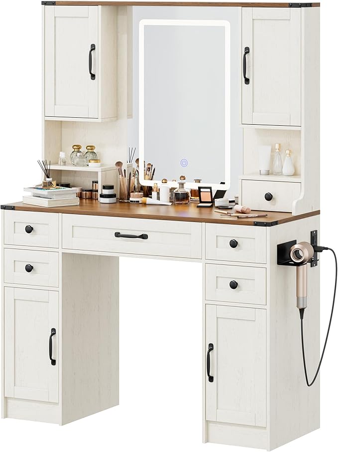 NUNU LAB 42 Inchs Large Vanity Desk with Mirror and Lights with 6 Drawers and 4 Cabinets, Big Women Makeup Table with Power Outlet, 3-Color Adjustable Lighting for Bedroom Brown
