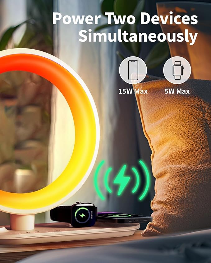 4 in 1 Bluetooth Speaker Night Light with Wireless Charger, Atmosphere Lamp with 24 Soothing Sounds, 16M+ Colors & App Control, Smart Light Sound Machine for Bedroom Home Decor (Golden)