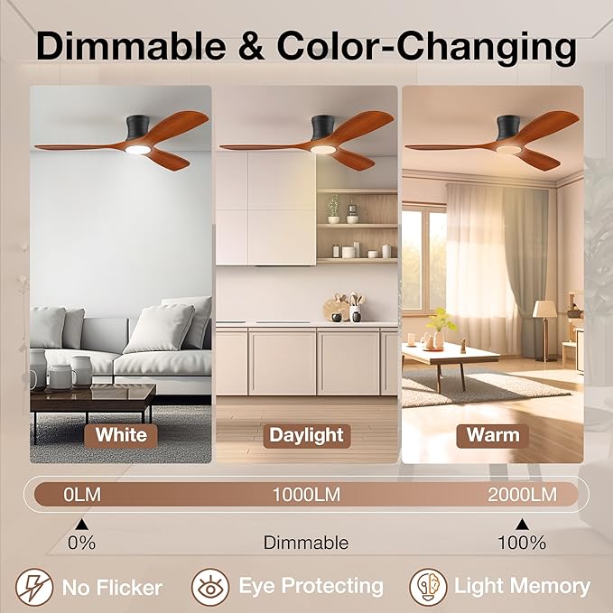 Smart 52” Wood Flush Mount Ceiling Fans with Lights Remote,Quiet DC Motor,Outdoor Indoor Low Profile Ceiling Fan,Voice Contorl with WIFI Alexa App Control,Modern fan for Bedroom Patio