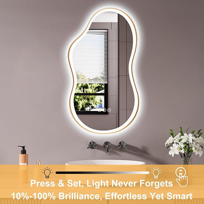 WTTY LED Irregular Bathroom Mirror 24x36 Inch with Front & Back Lights - Asymmetrical Design, Anti-Fog, Dimmable 3 Color Temperatures, Shatterproof Glass, Horizontal or Vertical Mount (Gold Frame)