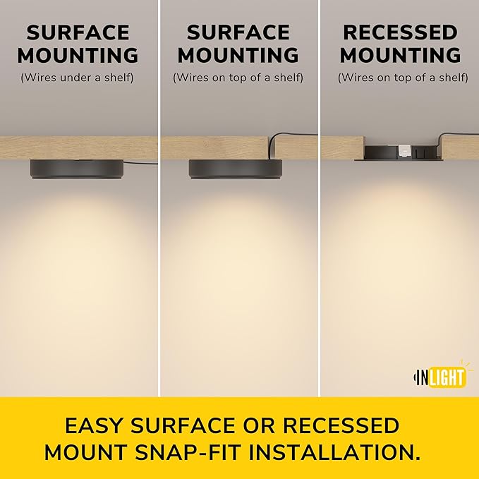 GETINLIGHT 2.5" Wide 3000K Dimmable LED Puck Lights Kit, Plug-in Installation with Recessed or Surface Mounted, Brushed Nickel Finish Over Metal Construction, Set of 3, IN-0113-3-SN