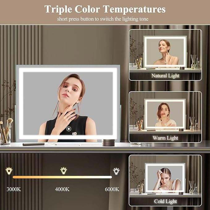 Ligheted Vanity Mirror with Lights, 14" x 12" LED Makeup Mirror, Hollywood Mirror,3 Modes Light, Smart Touch Control Dimmable, 360°Rotation, Rectangle Gold Frame