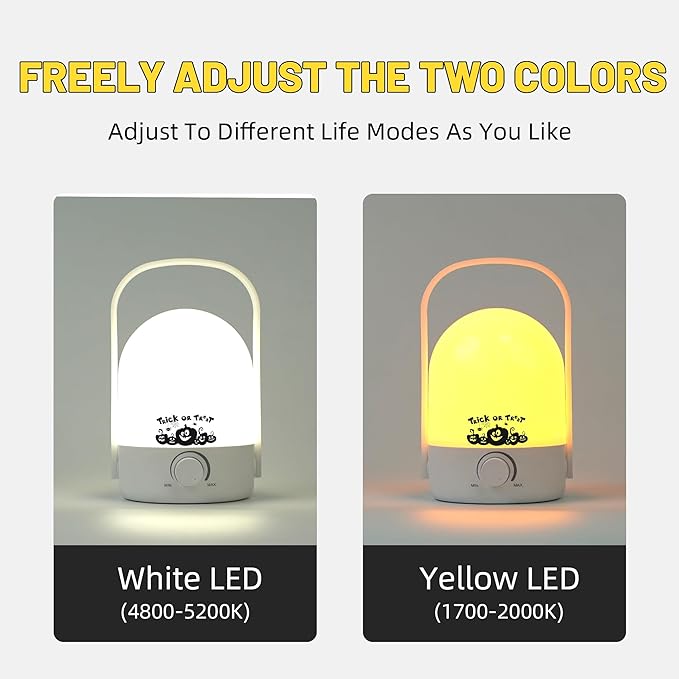 Table Lamp, Night Light for Kids,1200mAh 2 Colors, with Pumpkin Pattern, Wireless Rechargeable Camping Light, Halloween Outdoor Lighting Power Outage Small Lamps,White B