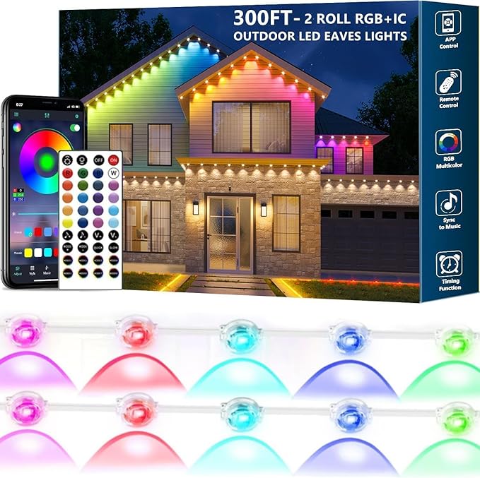 300FT Permanent Outdoor Lights for House,RGB+IC Smart Outdoor Decor,Scene Modes, App/Remote Control,IP67 Waterproof, for Christmas,Holiday, Daily & Pool Party Decor, House Roof Lighting