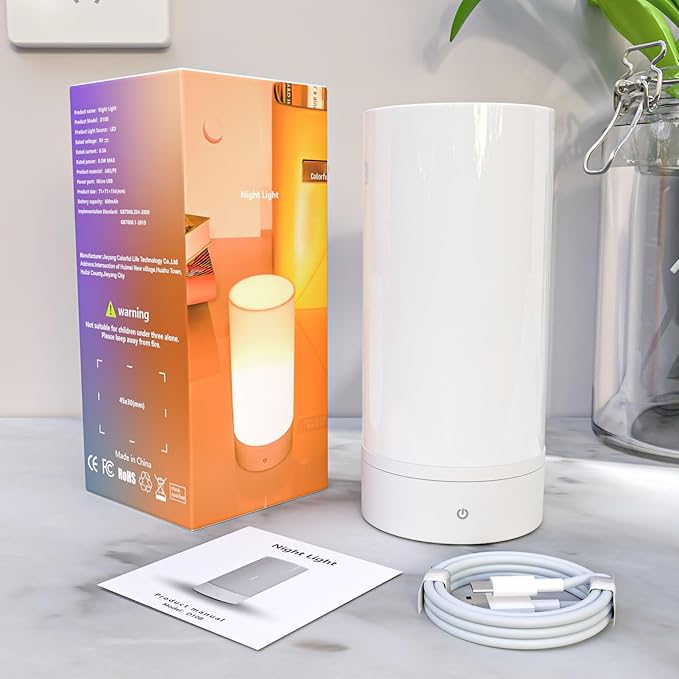 Colorful Life Rechargeable Night Light for Kids & Adults – Touch Sensor Bedside Lamp, Soft RGB & White Light, USB Charging, Dimmable Ambient Light for Bedroom, Hallway (White+Colorful, USB Charging)