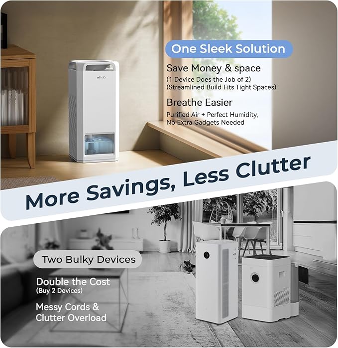 Afloia Air Purifier and Humidifier Combo in One-Cool Mist Evaporative for Home Bedroom Large Roome up tp 3000ft², with Humidity&Air Quality Sensor, Remove Pets Hair Mold Dust Odor Pollen Smoke, White