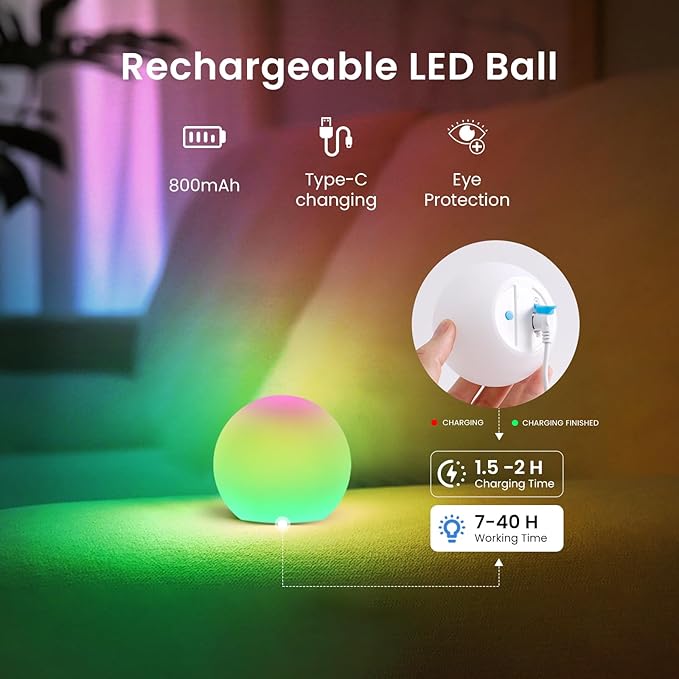 LOFTEK LED Ball Light, Multi-Color Rechargeable Night Lights, 3-inch RGB Globe Mood Lighting, Waterproof Ambient Lighting Lamp for Home Bedroom Patio Pool Decorative Lighting, Birthday Gift,4 Pack