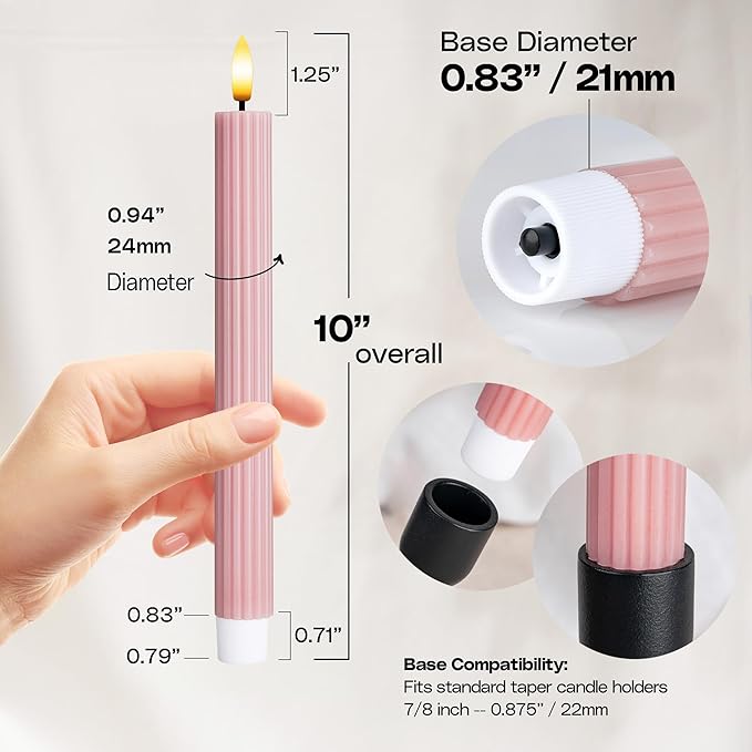 WYZworks 10" Fluted Ribbed LED Dusty Rose Grooved Pillar Candles, Remote & 24h Timer Memory, On/Off Switch - Flameless Dimmable Battery Operated w/Flicker Mode, Home Wedding Decor (12 Pack)