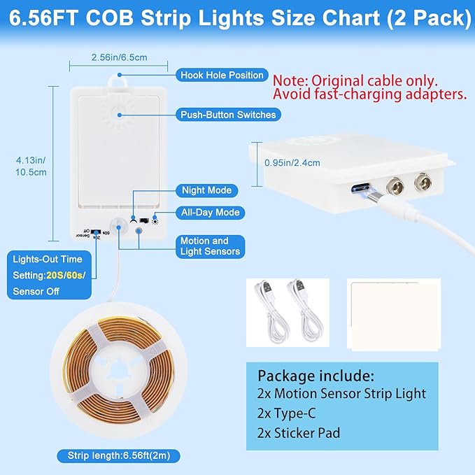 OMIKA COB Motion Sensor LED Strip Light, 6.56ft 640LEDs Closet Lights, Rechargeable Battery Operated Stair Strip Lights for Bed, Pantry, Shelves, Cabinet, Locker, 6000K Cool White, 2 Pack