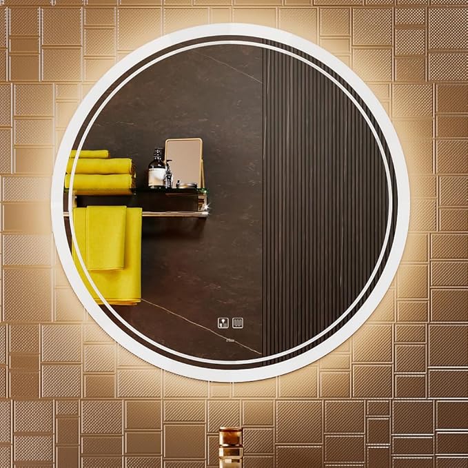 KWW Round Mirror Bathroom LED Lighted Mirror, Illuminated Dimmable Anti-Fog Wall-Mounted Makeup Vanity Mirror with Lights (23.5" L x 23.5" W)