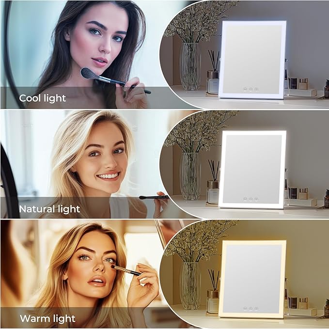 Vanity Mirror with Lights,10"x12" Lighted Makeup Mirror with 3 Color Modes & Dimmable, 360° Rotation Desk Mirror, Dual Power Supply, Smart Touch Control with Settings Memory (White)
