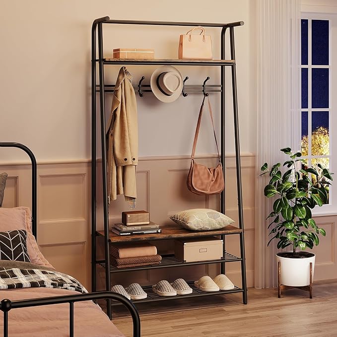 OUTLANE Entryway Hall Tree with 5 Hooks, Shoe Bench & Storage Shelf, Coat Rack Organizer with Wood Accents and Metal Frame for Entryway, Living Room, Bedroom, Rustic Brown-Single row