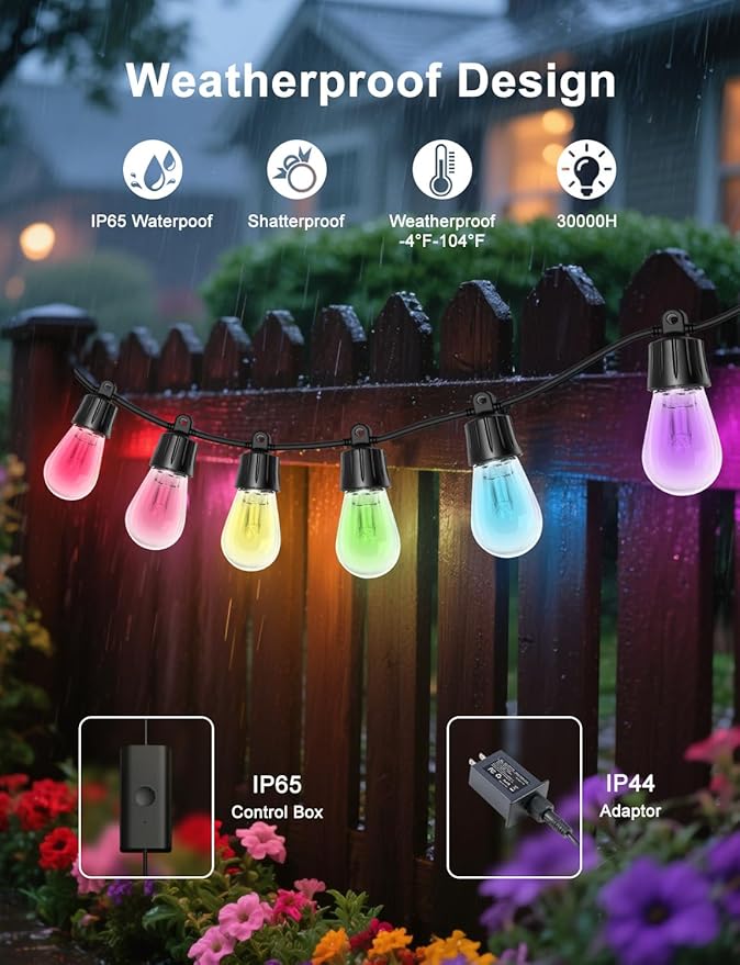 Outdoor String Lights, 50ft Smart RGB IC Warm White Patio Lights Outdoor Waterproof with Remote & App Control, Compatible with Alexa Great for Deck, Gazebo, Balcony