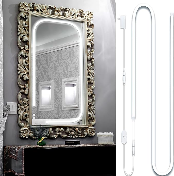Hollywood Style Vanity Make Up Light, 10ft 6000K White LED neon Light, Dimmable Touch Control Lights Strip, for Makeup Vanity Table & Bathroom Mirror, Mirror Not Included