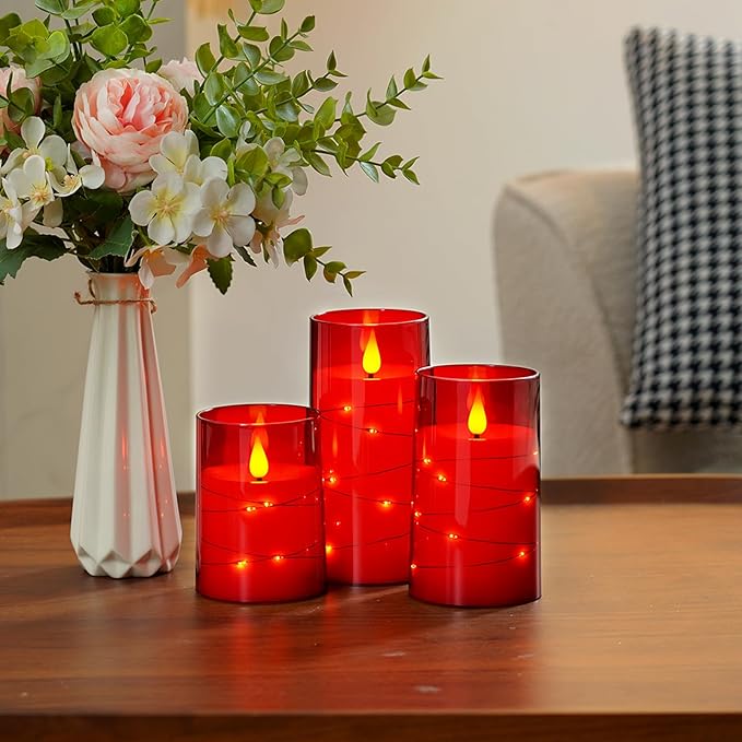 Amagic Red Flameless Candles 3 Set, Flickering Battery Operated Candles Embedded Fairy String Light, Realistic Pillar Candle with Remote Control and Timer, Acrylic, D3 x H4 5" 6"