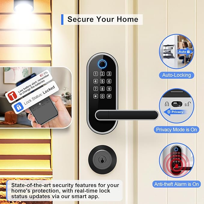 Bluetooth Fingerprint Smart Lock with Handle & Keypad – Fits Most US Doors, DIY Install, Keyless Entry: Code, FOB, Auto-Lock. Ideal for Home, Airbnb, Rental, Kids, Seniors. Alexa & Google Compatible
