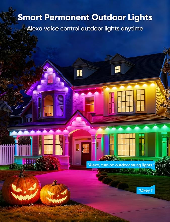 APPECK Permanent Outdoor Lights 200ft with 144 LED Lights, 72W Smart RGBW Eaves Lights, DC 36V, 40LM, IP67 Waterproof String Lights for Halloween Christmas Decor, Compatible with Alexa, Black