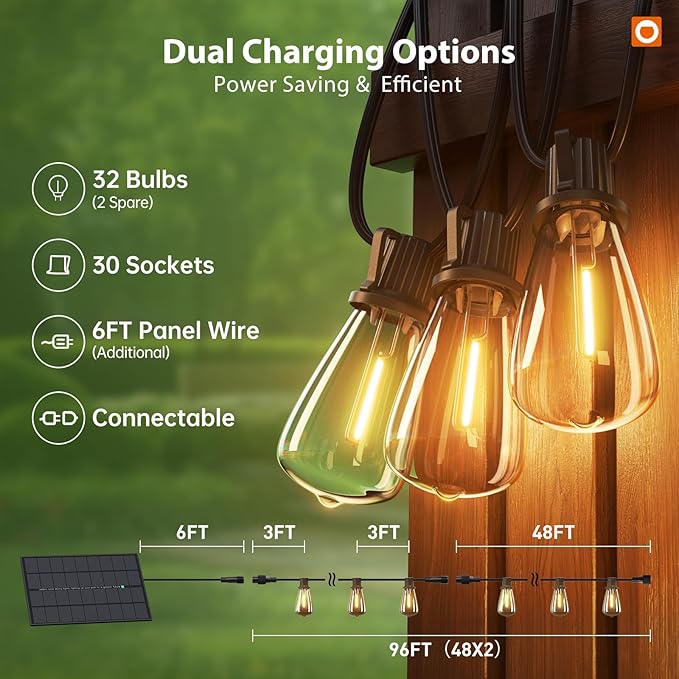 addlon 102FT(96+6) Solar String Lights Outdoor Waterproof with Remote, 30+2 LED Shatterproof Bulbs, Dimmable & Timable, Solar Lights Outdoor, Patio Lights for Garden, Backyard, Party, Camping Decor