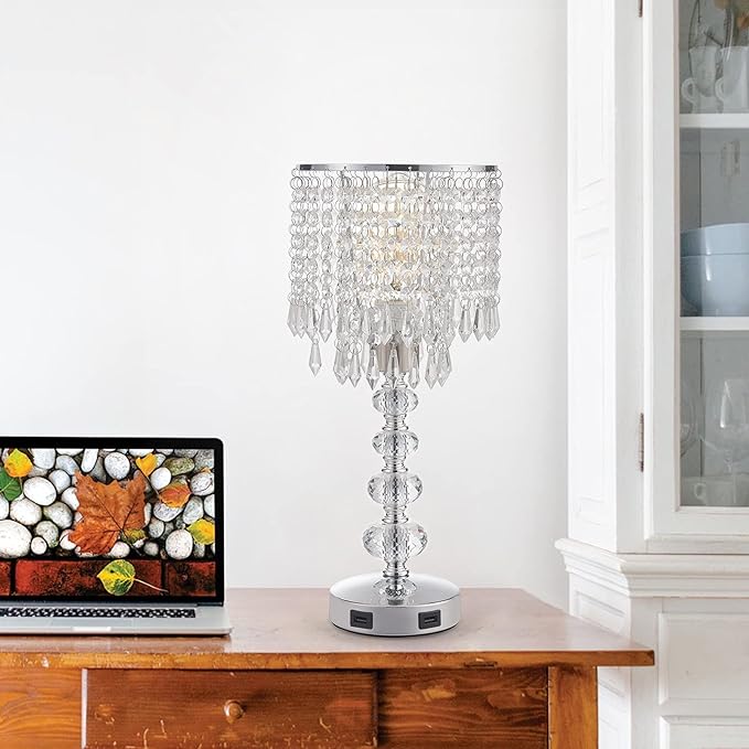Acaxin Crystal Table Lamps for Bedroom Nightstand - Touch Bedside Lamps with Two USB Charging Ports Silver, 3 Way Dimmable Small Glam Lamp for Girls, Night Stand Lamp for Living Room