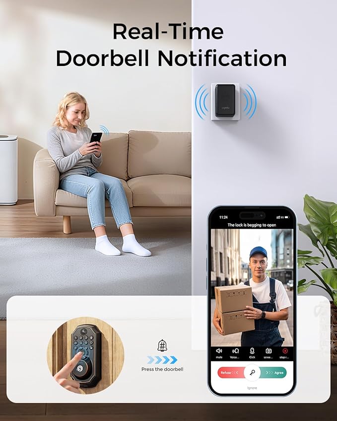 Keyless Entry Deadbolt with Handle Set - WiFi Smart Lock with Camera, 5-in-1 Camera+Doorbell+Fingerprint+Keypad, App Control, Auto Lock, Easy Install, Waterproof for Front Door（Black）