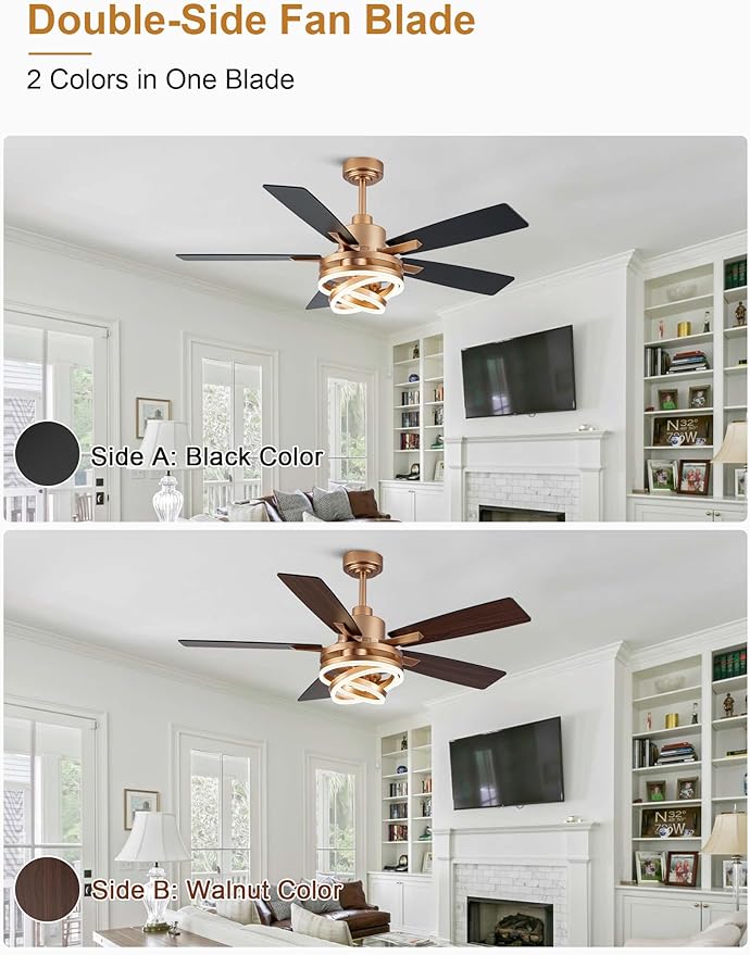 52" Gold Ceilling Fans with Lights Modern Chandelier Fan DC Motor Dimmable Led Fandelier Ceiling Fan with Light for Bedroom, Living Room