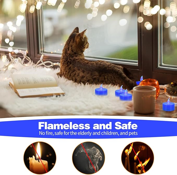 KOABY 24 Pack Blue Light Non-Flickering Flameless Tea Lights, Blue Base, Last 100H+, Battery Operated Tea Lights for Decor