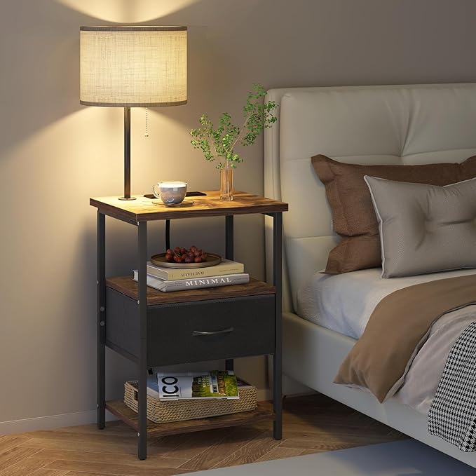 Fixwal Nightstand with Lights Bedside Table with 3 Color Temperatures Bulb, Night Stand with Charging Station End Table with Adjustable Fabric Drawer for Bedroom Dorm