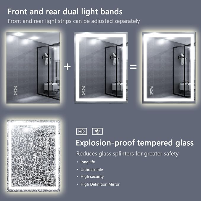 Led Bathroom Mirror with Light 40"x30" Frameless Lighted Vanity Mirror Wall Mount, Fogless, 3 Color Mode, Stepless Dimmable Front Light and Backlit, Smart Touch Sensor, Tempered Glass
