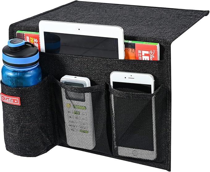 Linen 4 Pockets Bedside Caddy, Bedside Storage Organizer with Water Bottle Holder for Magazine, Remotes, Phone (Black)