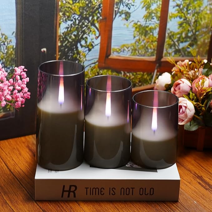 Flameless Candles Upgraded Realistic Flickering Flame,Battery Operated LED Candles with Remote Timers,Acrylic Electric Candles Set of 3(D 3" xH 4" 5" 6")（Grey）