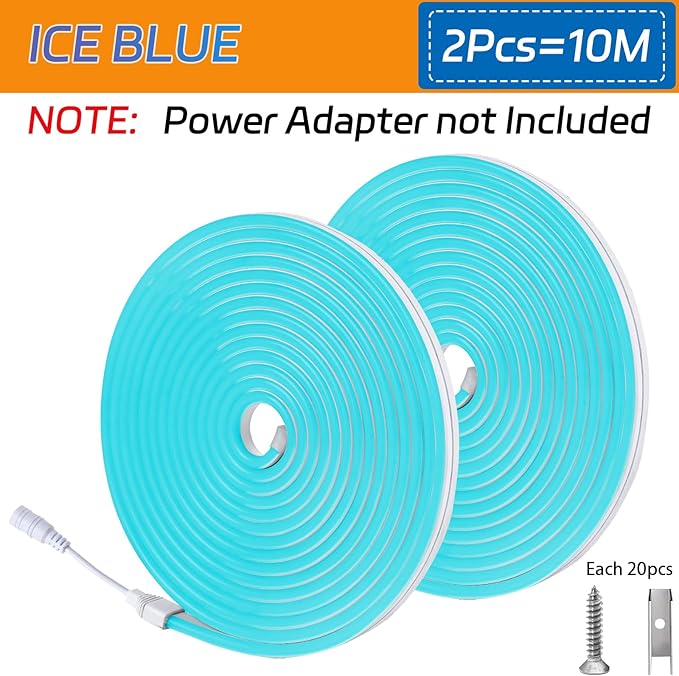 2PCS/10M/32.8FT/Ice Blue LED Rope Light - Flexible and Waterproof 12V Neon Strip with Mounting Accessories for Creative Indoor & Outdoor Lighting [Adapter Not Included]