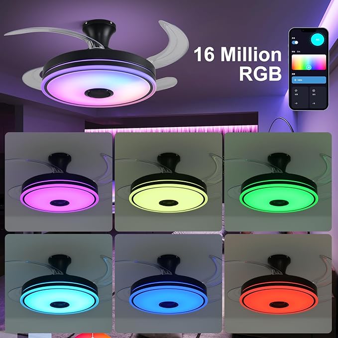 42'' Retractable Ceiling Fan with Lights, Smart Ceiling Fan Light with Bluetooth Speaker, App Control for Dimming & RGB Color Change Reversible Bedroom Living Room